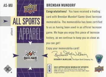 2011 Upper Deck World of Sports - All Sports Apparel #AS-MU Brendan Mundorf Back
