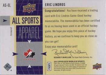 2011 Upper Deck World of Sports - All Sports Apparel #AS-EL Eric Lindros Back