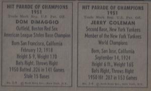 1951 Berk Ross - Berk Ross Panels #1-6 / 1-8 Jerry Coleman / Dom Dimaggio Back