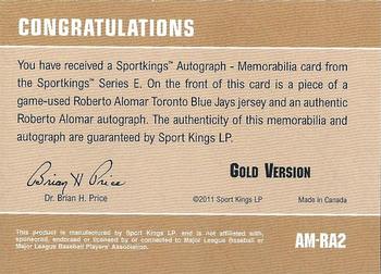 2012 Sportkings Series E - Autograph-Memorabilia Gold Version #AM-RA2 Roberto Alomar Back