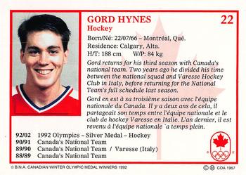 1992 BNA Canadian Winter Olympic Medal Winners #22 Gord Hynes Back