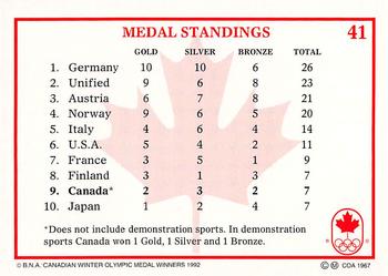 1992 BNA Canadian Winter Olympic Medal Winners #41 Medal Standings Back