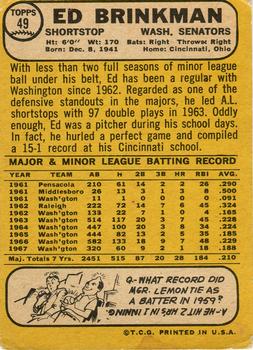 1968 Topps Milton Bradley Win-A-Card #49 Ed Brinkman Back