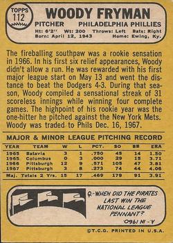 1968 Topps Milton Bradley Win-A-Card #112 Woody Fryman Back