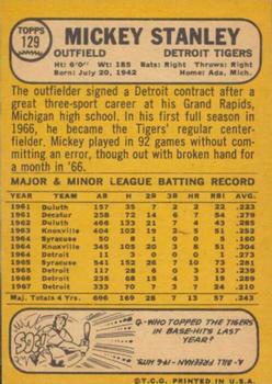 1968 Topps Milton Bradley Win-A-Card #129 Mickey Stanley Back