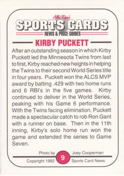 1991 Allan Kaye's Sports Cards News Magazine - Standard-Sized 1992 #9 Kirby Puckett Back