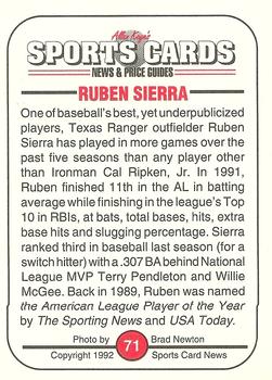 1991 Allan Kaye's Sports Cards News Magazine - Standard-Sized 1992 #71 Ruben Sierra Back