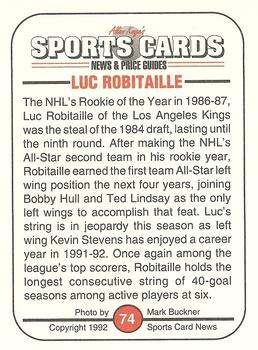 1991 Allan Kaye's Sports Cards News Magazine - Standard-Sized 1992 #74 Luc Robitaille Back