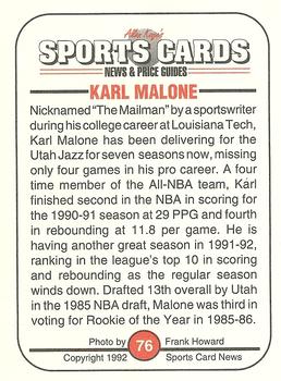 1991 Allan Kaye's Sports Cards News Magazine - Standard-Sized 1992 #76 Karl Malone Back