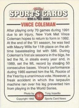 1991 Allan Kaye's Sports Cards News Magazine - Standard-Sized 1992 #93 Vince Coleman Back