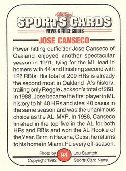 1991 Allan Kaye's Sports Cards News Magazine - Standard-Sized 1992 #94 Jose Canseco Back
