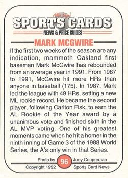 1991 Allan Kaye's Sports Cards News Magazine - Standard-Sized 1992 #96 Mark McGwire Back