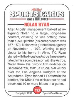 1991 Allan Kaye's Sports Cards News Magazine - Standard-Sized 1992 #113 Nolan Ryan Back