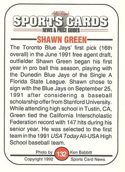 1991 Allan Kaye's Sports Cards News Magazine - Standard-Sized 1992 #132 Shawn Green Back