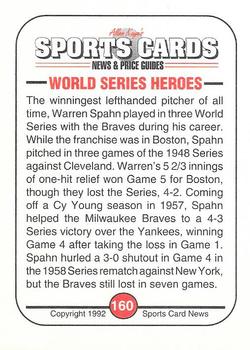 1991 Allan Kaye's Sports Cards News Magazine - Standard-Sized 1992 #160 Warren Spahn Back