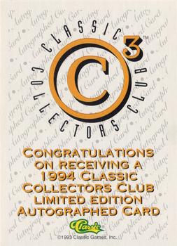 1994 Classic Collectors Club C3 Autographs #NNO Brien Taylor Back