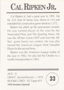 1992 Investor's Journal #33 Cal Ripken Jr. Back