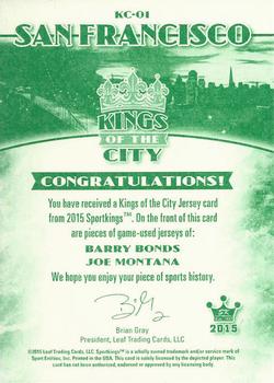 2015 Leaf Sportkings - Kings of the City #KC-01 Barry Bonds / Joe Montana Back