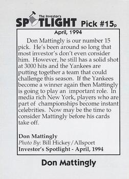 1994 Investor's Spotlight (unlicensed) #15p Don Mattingly Back
