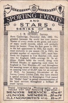 1935 J.A. Pattreiouex Sporting Events and Stars #1 Jack Hobbs Back