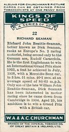 1939 Churchman's Kings of Speed #22 Richard Seaman Back