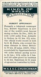 1939 Churchman's Kings of Speed #34 Hubert Opperman Back