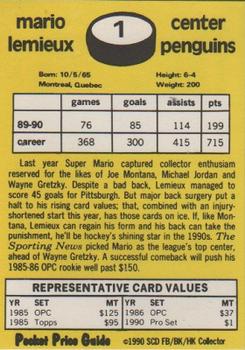1991 SCD Sports Card Pocket Price Guide FB/BK/HK Collector #1 Mario Lemieux Back