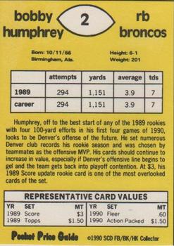 1991 SCD Sports Card Pocket Price Guide FB/BK/HK Collector #2 Bobby Humphrey Back