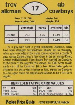 1991 SCD Sports Card Pocket Price Guide FB/BK/HK Collector #17 Troy Aikman Back