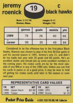 1991 SCD Sports Card Pocket Price Guide FB/BK/HK Collector #19 Jeremy Roenick Back