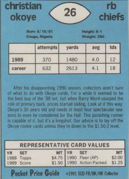 1991 SCD Sports Card Pocket Price Guide FB/BK/HK Collector #26 Christian Okoye Back