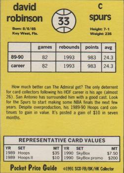 1991 SCD Sports Card Pocket Price Guide FB/BK/HK Collector #33 David Robinson Back