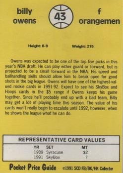 1991 SCD Sports Card Pocket Price Guide FB/BK/HK Collector #43 Billy Owens Back