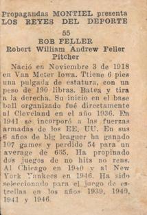 1946-47 Propagandas Montiel Los Reyes del Deporte (Cuba) #55 Bob Feller Back
