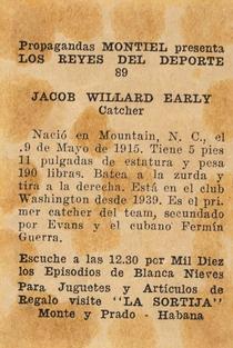 1946-47 Propagandas Montiel Los Reyes del Deporte (Cuba) #89 Jacob Early Back