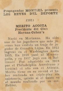 1946-47 Propagandas Montiel Los Reyes del Deporte (Cuba) #101 Merito Acosta Back