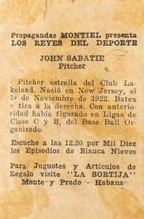 1946-47 Propagandas Montiel Los Reyes del Deporte (Cuba) #179 John Sabatie Back
