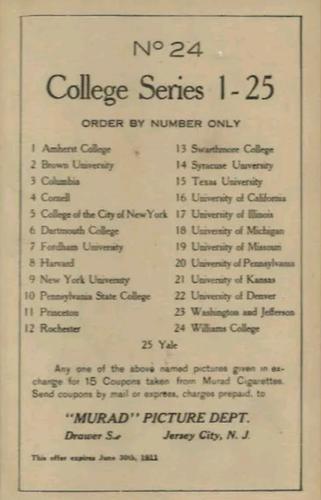1910 Murad Cigarettes Cabinets (T6) #24 Williams College Back
