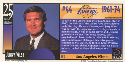 1993 Great Western Forum 25th Anniversary - Lakers Bonus Cards #BC3 Jerry West Back