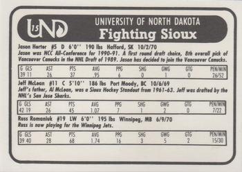 1991-92 North Dakota Fighting Sioux #15 Russ Romaniuk / Jeff McLean / Jason Herter Back