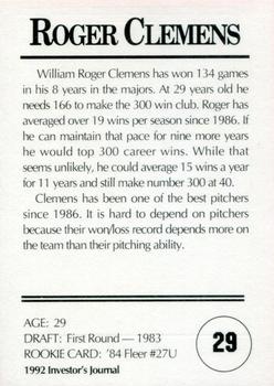 1992 Investor's Journal - Colors Foil #29 Roger Clemens Back