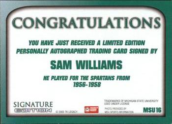 2003 TK Legacy Michigan State Spartans - Autographs #S16 Sam Williams Back