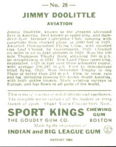 1986 1933 Sport Kings Reprint #28 Jimmy Doolittle Back
