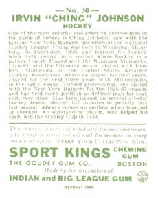 1986 1933 Sport Kings Reprint #30 Ching Johnson Back