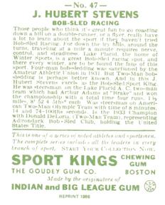 1986 1933 Sport Kings Reprint #47 J. Hubert Stevens Back