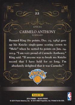 2014 Panini Black Friday - Panini Collection #22 Carmelo Anthony Back