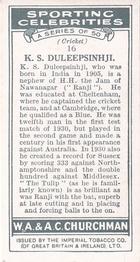 1931 Churchman's Sporting Celebrities #16 K.S. Duleepsinhji Back