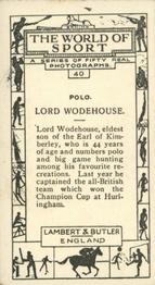 1927 Lambert & Butler The World of Sport #40 Lord Wodehouse Back