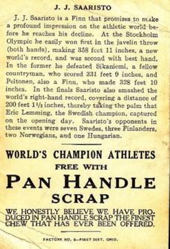 1913 Pan Handle Scrap World's Champion Athletes (T230) #NNO J.J. Saaristo Back