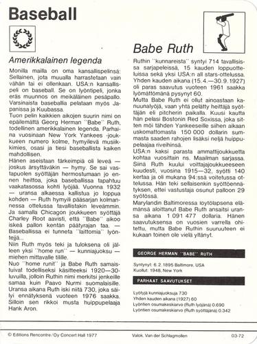 1977 Sportscaster Series 3 Finnish #03-72 Babe Ruth Back
